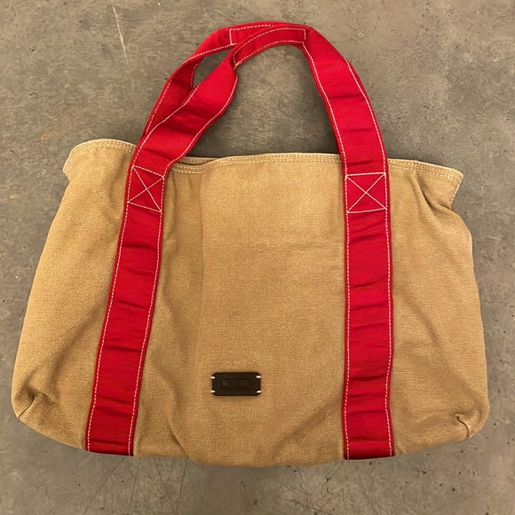 Vintage beaded Love Moschino Cheap & Chic tan and red canvas handbag tote purse - Picture 8 of 17